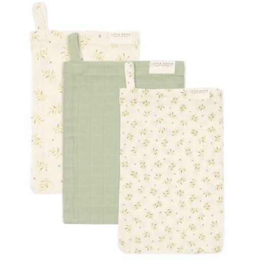 Washandjes Blueberry Leaves/Sage Muslin Set van 3 Little Dutch